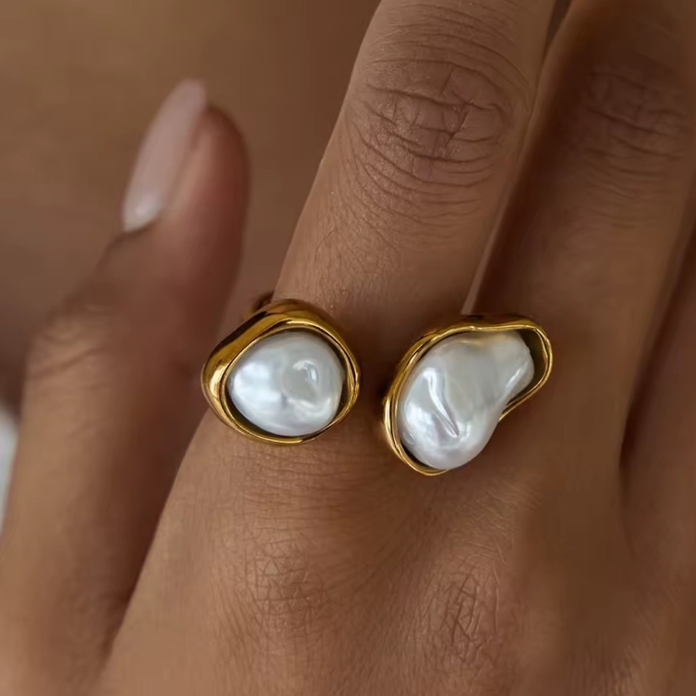 Luxury Gold Pearl Double Stone Ring – Stainless Steel Adjustable - Picture 5 of 8